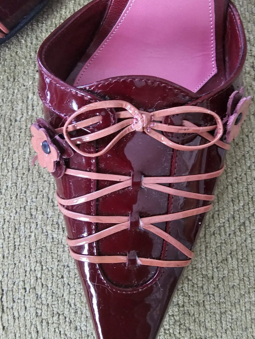 Isabella Fiore Burgundy Patent Pointed Mules with Pink Floral Accents - Picture 6 of 11